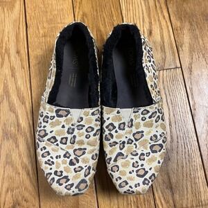 TOMS Alpargata Leopard Print Gold Glitter‎ Faux Fur Lined Slip On Shoes Loafers